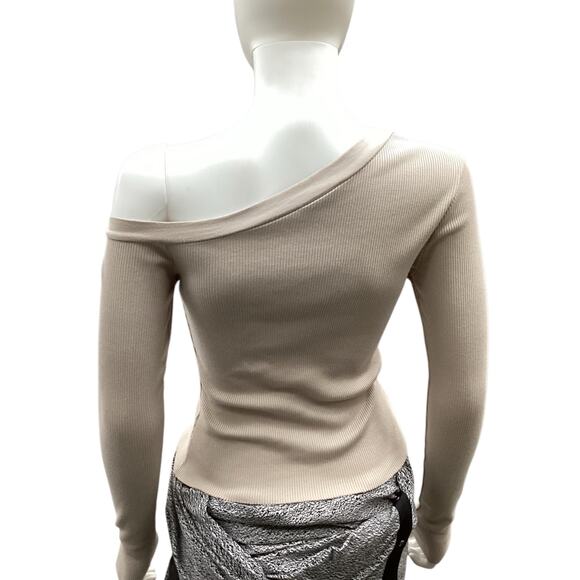 NWT The Range Top Women’s Size XS Ribbed Light Knit Asymmetrical Shoulder Beige - Picture 4 of 5